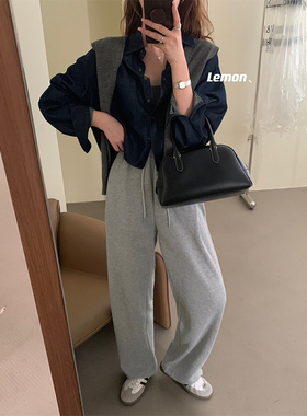 150小个子灰色运动束脚裤女春秋宽松阔腿百搭145xs休闲直筒卫裤潮