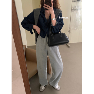 150小个子灰色运动束脚裤 潮 女春秋宽松阔腿百搭145xs休闲直筒卫裤