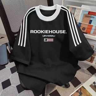 潮牌休闲宽松ins风百搭上衣 t恤女夏季 100%纯棉三条杠美式 情侣短袖