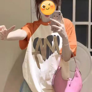 T恤女休闲宽松上衣 纯棉短袖 韩系ins夏日新款 多巴胺穿搭拼接插肩袖