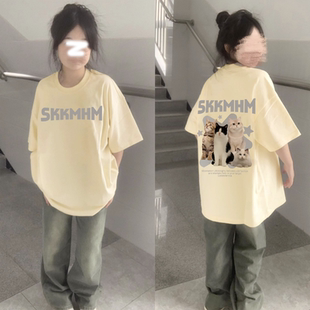韩系可爱猫咪印花100%纯棉短袖 高街oversize宽松ins上衣 t恤女夏季
