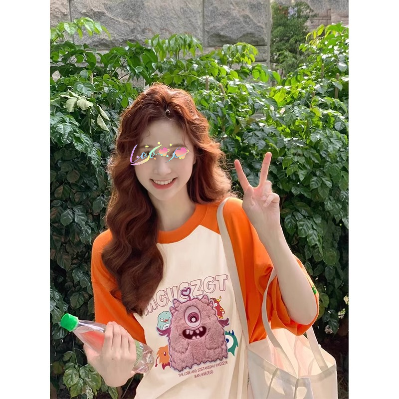 橘色插肩多巴胺纯棉短袖T恤女美T恤