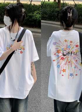 多巴胺新款美式烟花印花小众纯棉t恤女夏情侣韩版ins宽松百搭上衣