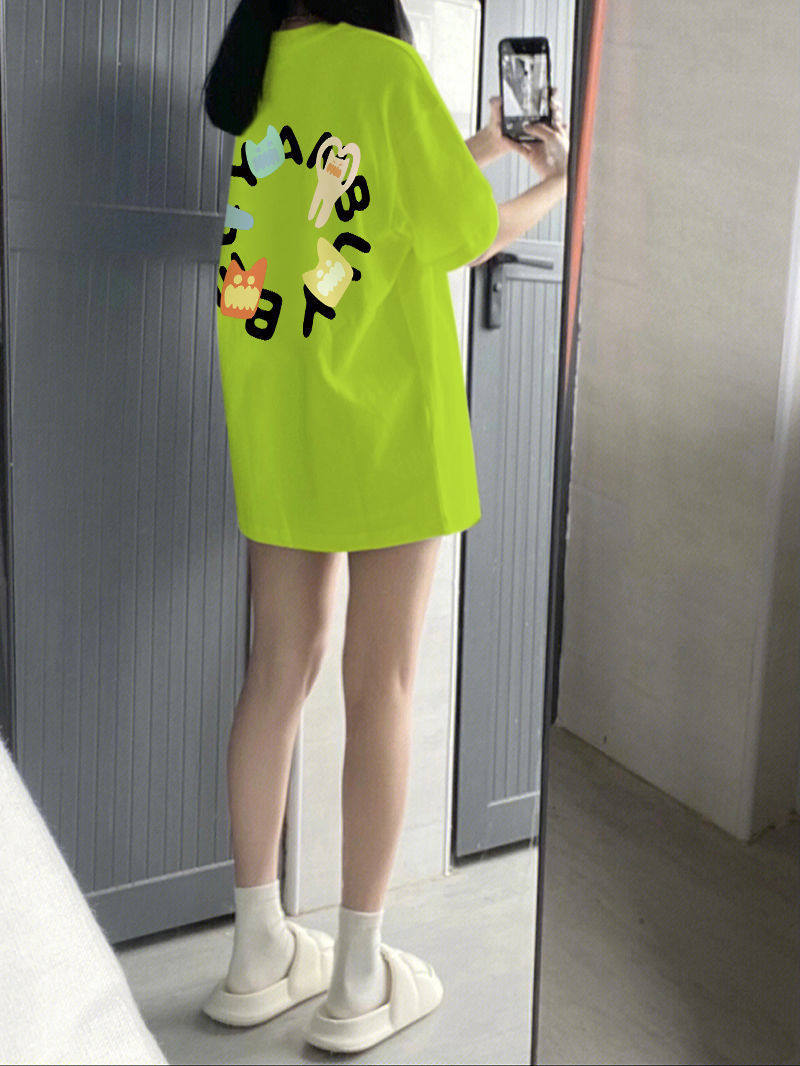 美式复古荧光绿纯棉短袖t恤女宽T恤
