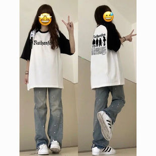 拼接设计感宽松百搭ins上衣 新款 100%纯棉黑白色插肩短袖 T恤女夏季