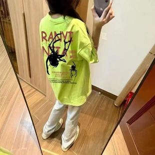 慵懒风宽松学生上衣潮 T恤女2024新款 夏日荧光绿100%纯棉美式 短袖