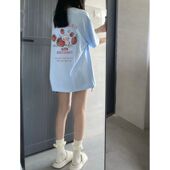 100%纯棉奶呼蓝短袖 t恤女夏季 休闲小众oversize宽松百搭学院上衣