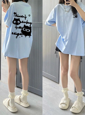 100%纯棉蓝色短袖T恤女夏宽松小个子学生猫咪可爱减龄ins百搭上衣