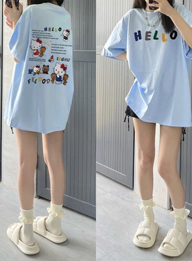 韩系ins甜妹卡通印花100%纯棉短袖t恤女宽松慵懒风学生百搭BF上衣