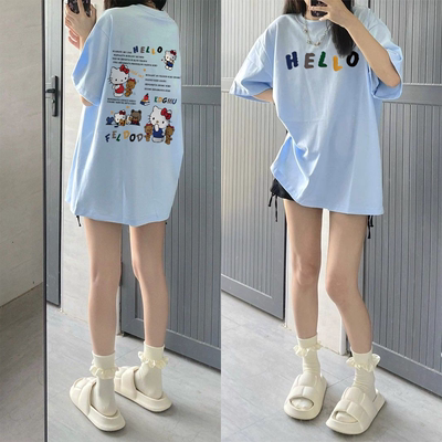 韩系ins甜妹卡通印花100%纯棉短袖t恤女宽松慵懒风学生百搭BF上衣