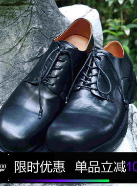 Kami anger原创设计黑色真皮手工德比鞋 圆头厚底增高休闲皮鞋男