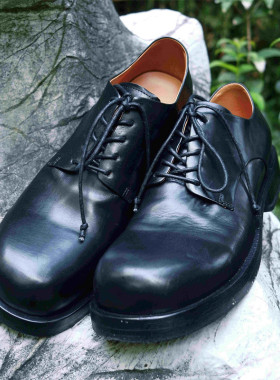 Kami anger原创设计黑色真皮手工德比鞋 圆头厚底增高休闲皮鞋男