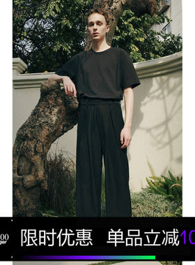 Kami anger原创夏季那不勒斯腰头黑色粗斜纹休闲裤直筒西裤男长裤