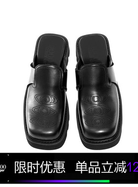 Kami anger眼睛刺绣方包头博肯鞋 时尚厚底黑色休闲增高半拖鞋