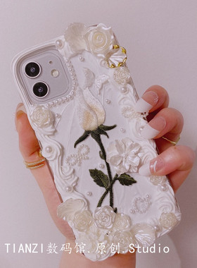 ins风玫瑰刺绣奶油手机壳适用iPhone17pro max/16pro15/14华为p70p60荣耀300nova14/13mate70pro/oppo reno14
