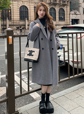 高级感灰色双面绒大衣女秋冬加厚2023新款韩系带宽松毛呢子外套
