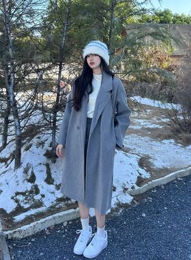 2025秋冬高端燕麦色双面呢大衣西装领宽松小个子中长款毛呢子外套