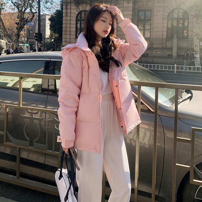 粉色羽绒服女短款2024冬季新款加厚立领面包情侣宽松中戏爆款外套