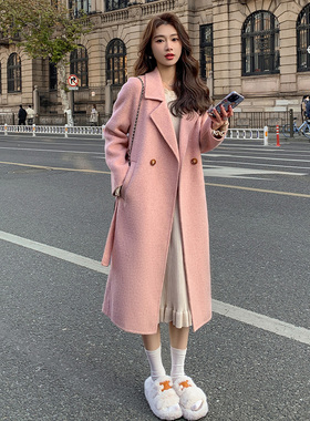 粉色双面绒呢大衣女2024年秋冬新款韩版宽松中长款系带毛呢外套