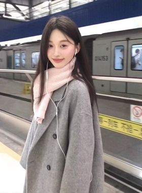 灰色双面毛呢大衣女中长款2025秋冬新款小个子高级感时尚毛呢外套