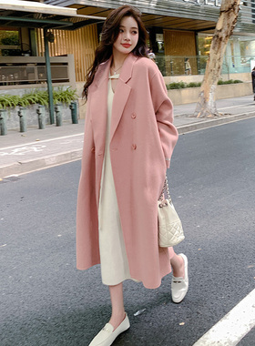 粉色双面绒呢大衣女2024秋冬新款韩版宽松中长款赫本风毛呢外套