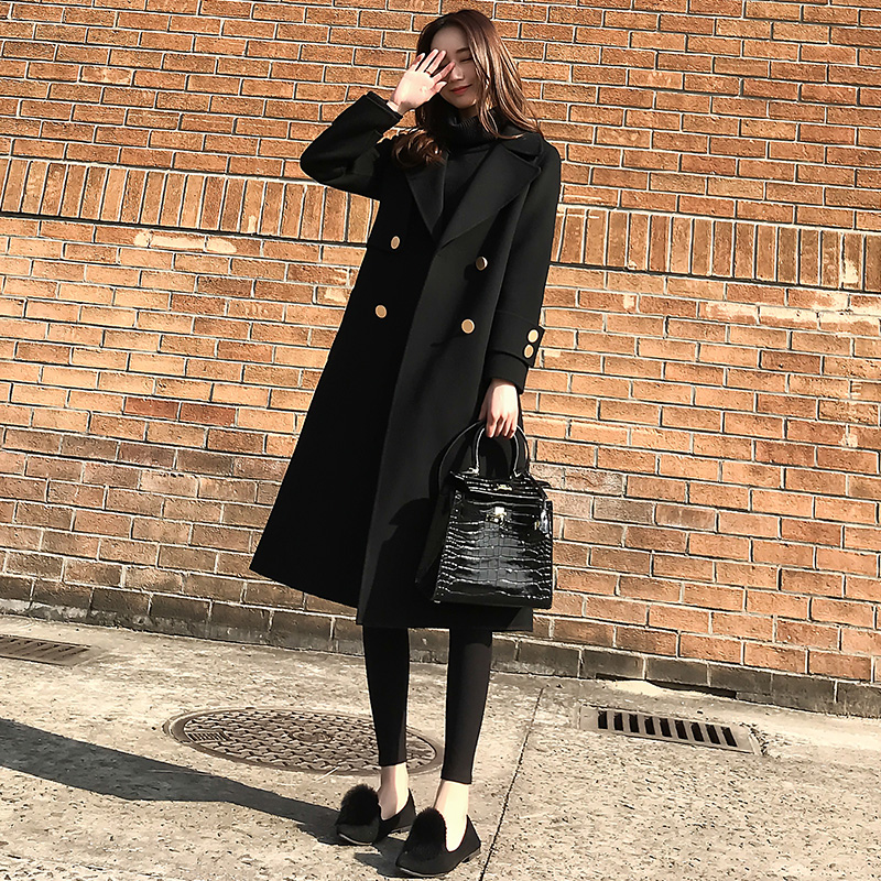 反季清仓2018秋冬新款韩版宽?#19978;?#30246;毛呢外套女中长款黑色呢子大衣