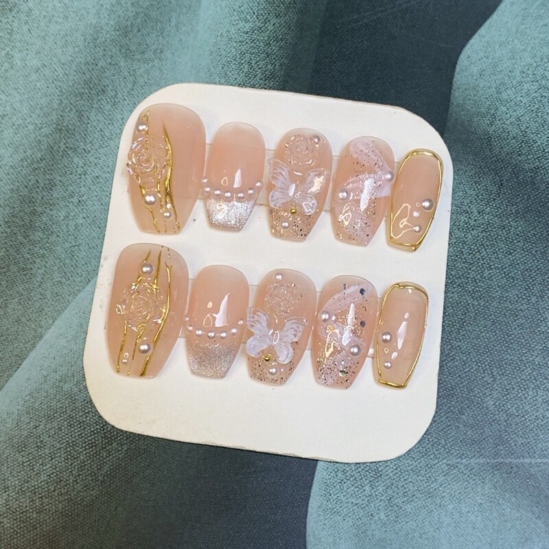 芭蕾少女手工穿戴甲成品 蝴蝶山茶花亮闪美甲可拆卸 温柔仙飘飘系