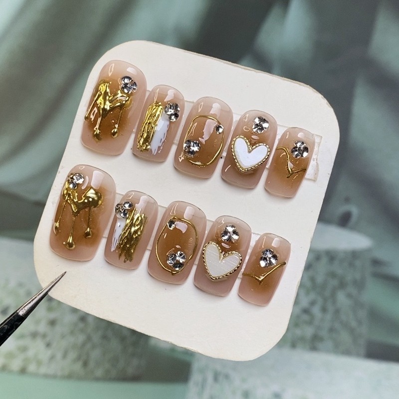 手工美甲穿戴甲 爱心金色魔镜粉网红爆款 可拆卸假指甲贴片美少女