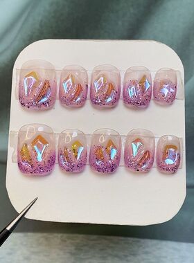 紫色美甲手工穿戴甲温精灵同款闪