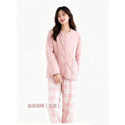 舒适纯棉夹棉双层纱睡衣男女款家居服秋冬保暖棉服可外穿棉袄