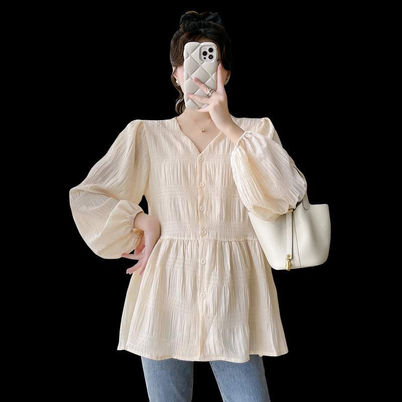 PREGNANT WOMEN AUTUMN LONG SLEEVE TOP FRENCH V-NECK GENTLE LOOSE PREGNANCY BELLY COVER OPEN BUTTON DOLL SHIRT TOP