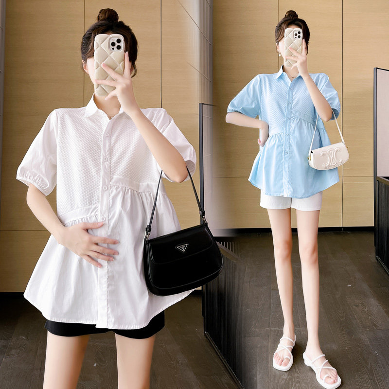 PREGNANT WOMAN SHORT SLEEVE SHIRT 2024 SUMMER NEW PREGNANCY LOOSE FASHION BABYDOLL SHIRT PUFFERED SHIRT TOP DRESS