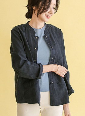 棉麻女士短款外套春秋2025新款开衫立领休闲百搭纯麻长袖夹克潮