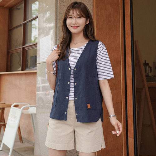 单马甲棉麻宽松显瘦马夹短款V领