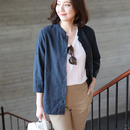 宽松外套7分袖短款韩版纯麻