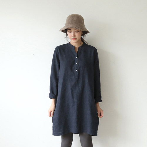 衬衫裙棉麻纯色韩版立领H型宽松
