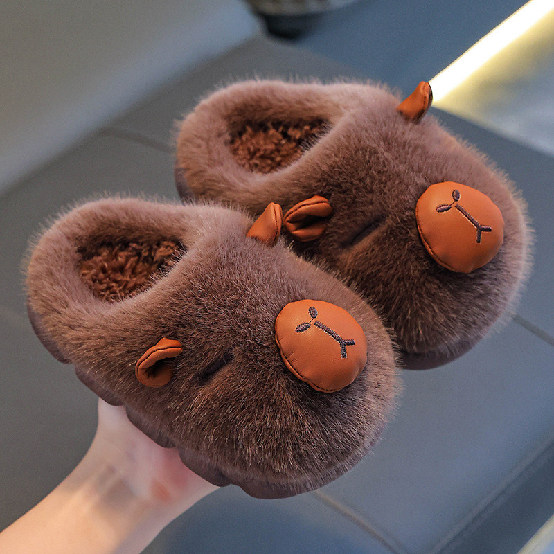 卡皮巴拉动物造型秋冬季儿童保暖加绒棉拖鞋居家中大童男女童