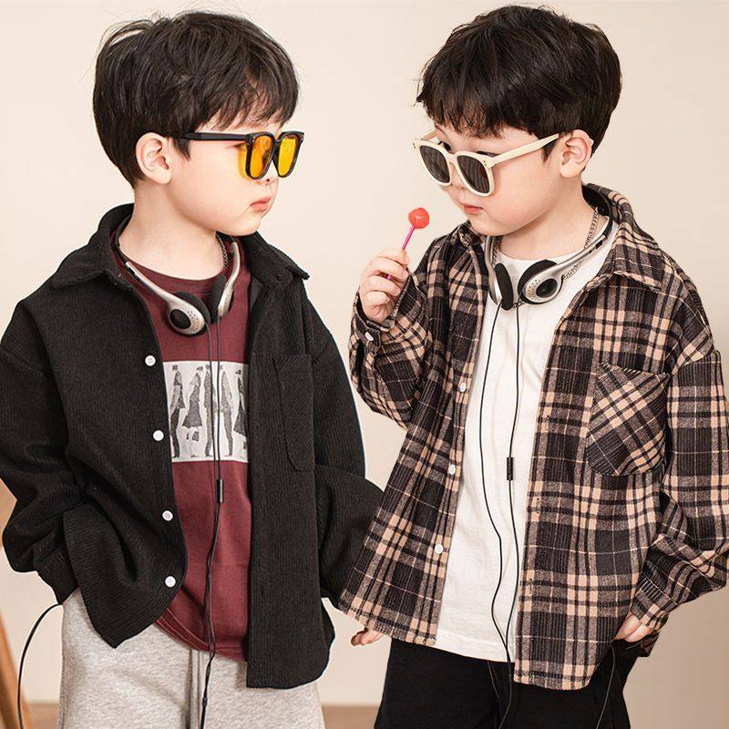 儿童秋冬灯芯绒衬衫加厚保暖外套男童潮流韩版中大童加绒上衣外穿