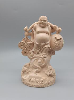 黄杨木雕招财安福铜钱弥勒佛