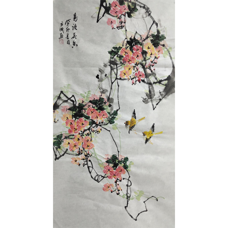纯手绘写意国画凌霄花三尺竖幅鸟语花香玄关挂画