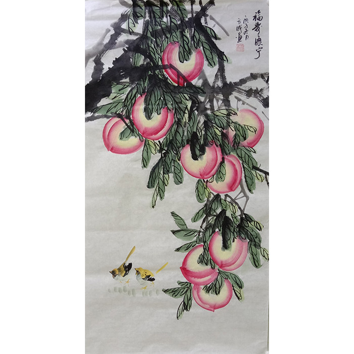 纯手绘写意桃子国画三尺福寿康宁竖幅装饰画