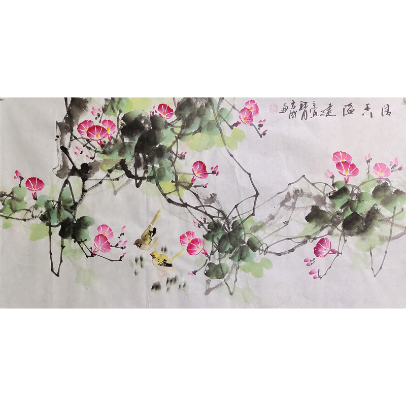 纯手绘牵牛花国画三尺横幅清香溢远客厅挂画 家居饰品 国画 原图主图