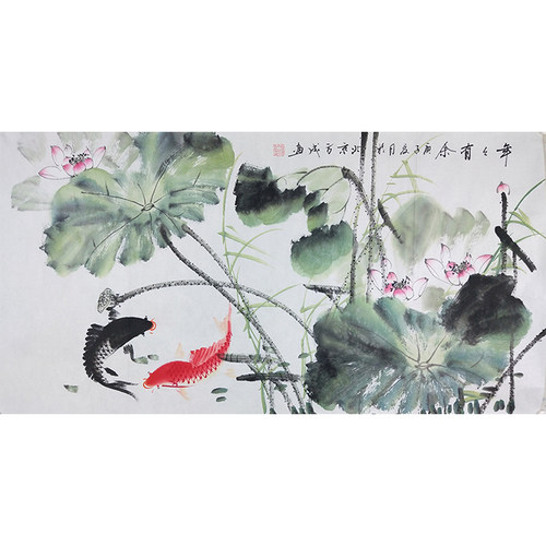 国画纯手绘荷花三尺连年有余