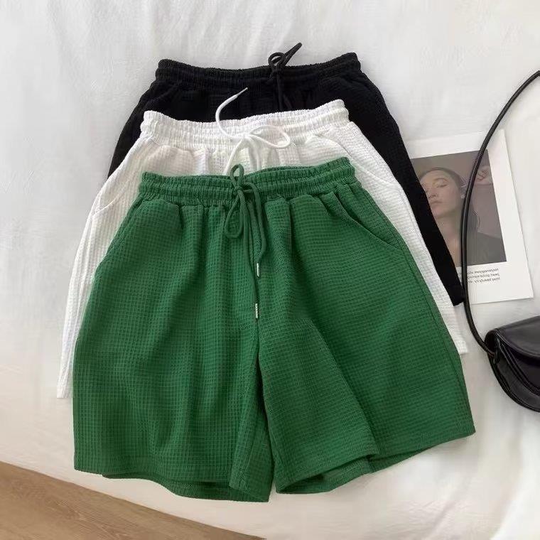 华夫格绿色高腰运动短裤女夏季宽松显瘦百搭BF中性风阔腿直筒