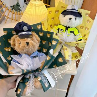 警察小熊公仔花束成品玩偶花惊喜礼物交警小熊花束送男友520礼物