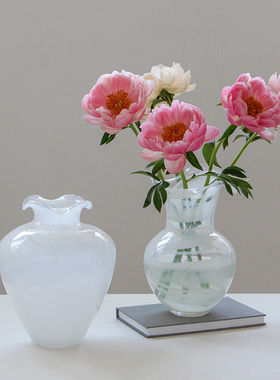 宋代美学白色侘寂风玻璃花瓶ins高级感小众插花摆件桌面琉璃花瓶