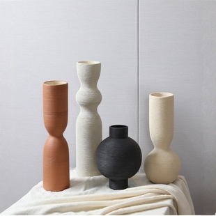 中古风拉丝素烧彩色陶瓷花瓶摆件北欧花器客厅插花干花软装摆设