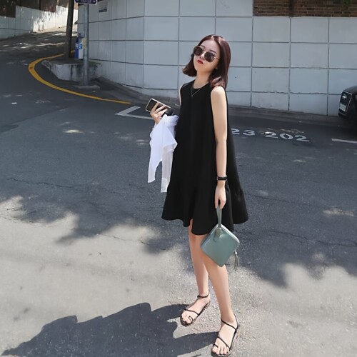 赫本风无袖黑色孕妇雪纺连衣裙