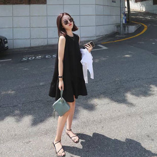 夏季 连衣裙黑色韩版 无袖 孕妇装 宽松遮肚孕妇雪纺薄款 连衣裙小个子