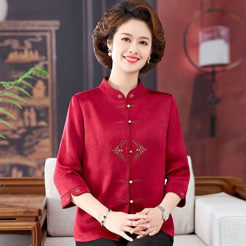 妈妈夏装桑蚕丝衬衫中老年女装喜婆婆婚礼装红色中式奶奶真丝上衣